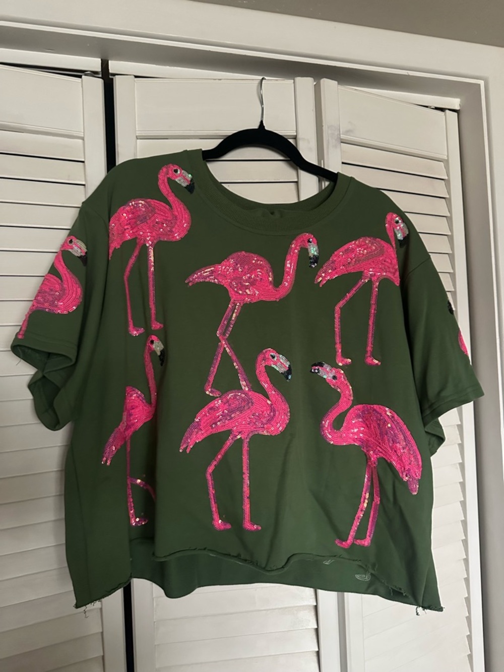 NWT Queen of Sparkles Olive Green Short Set with Pink Sequin Flamingos